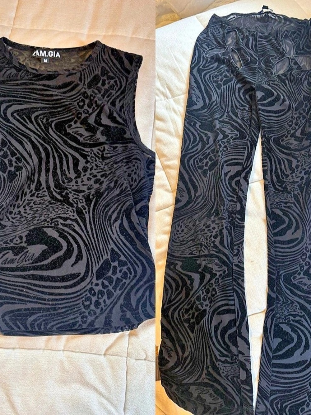 I.AM.GIA Matching Set (Top & Pants) in Black Sheer Mesh and Velour - Small Botto